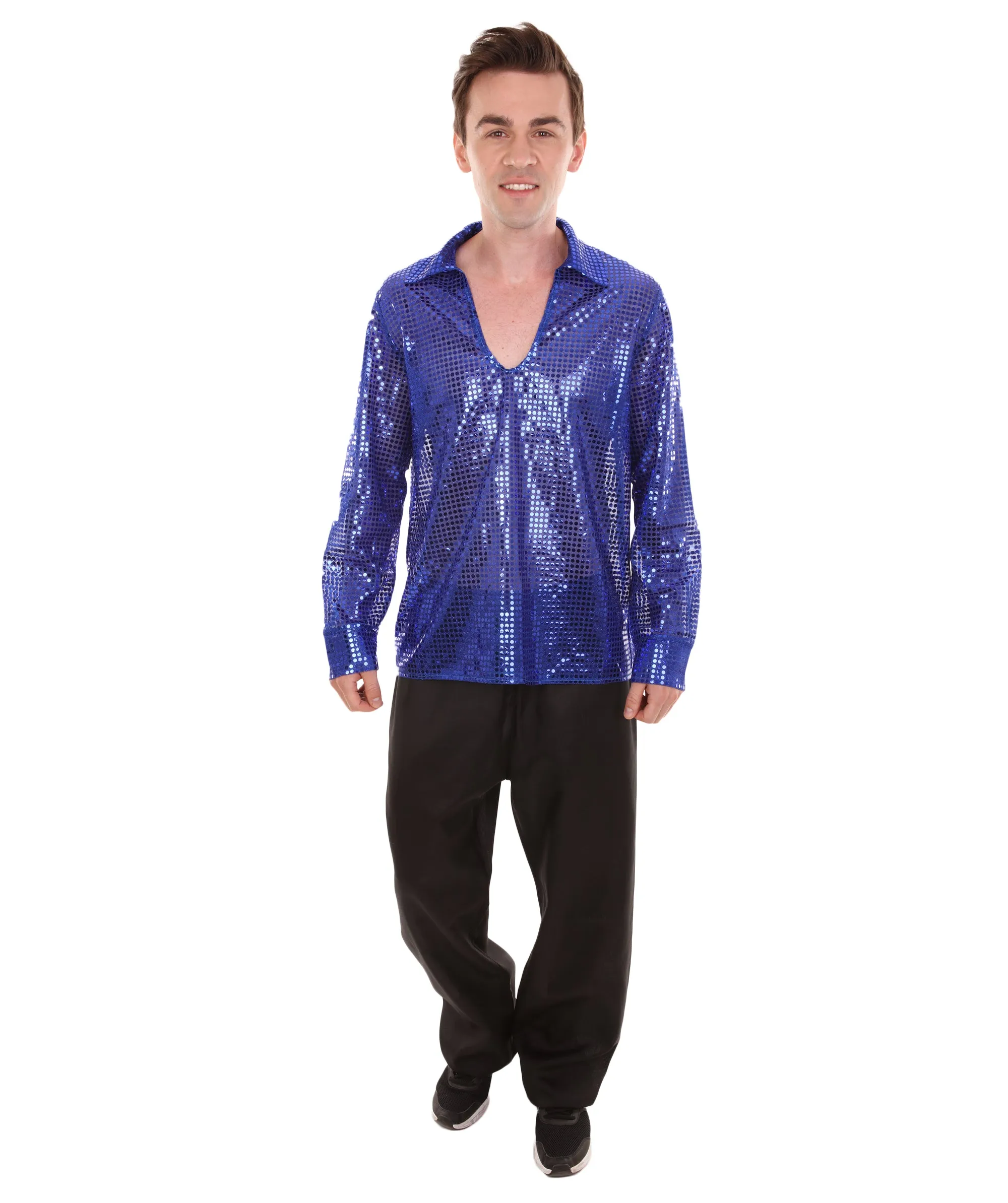 Adult Men's 70's Disco Sequin Shirt Costume | Blue Vintage Cosplay Costume