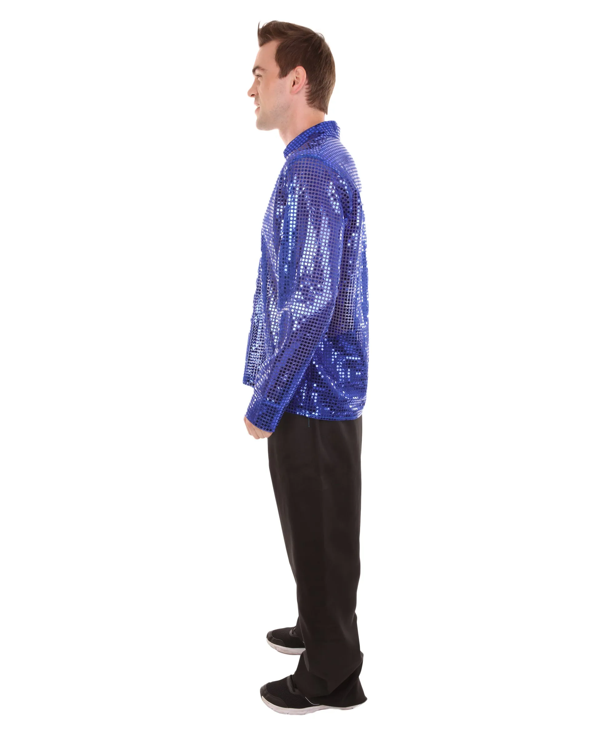 Adult Men's 70's Disco Sequin Shirt Costume | Blue Vintage Cosplay Costume