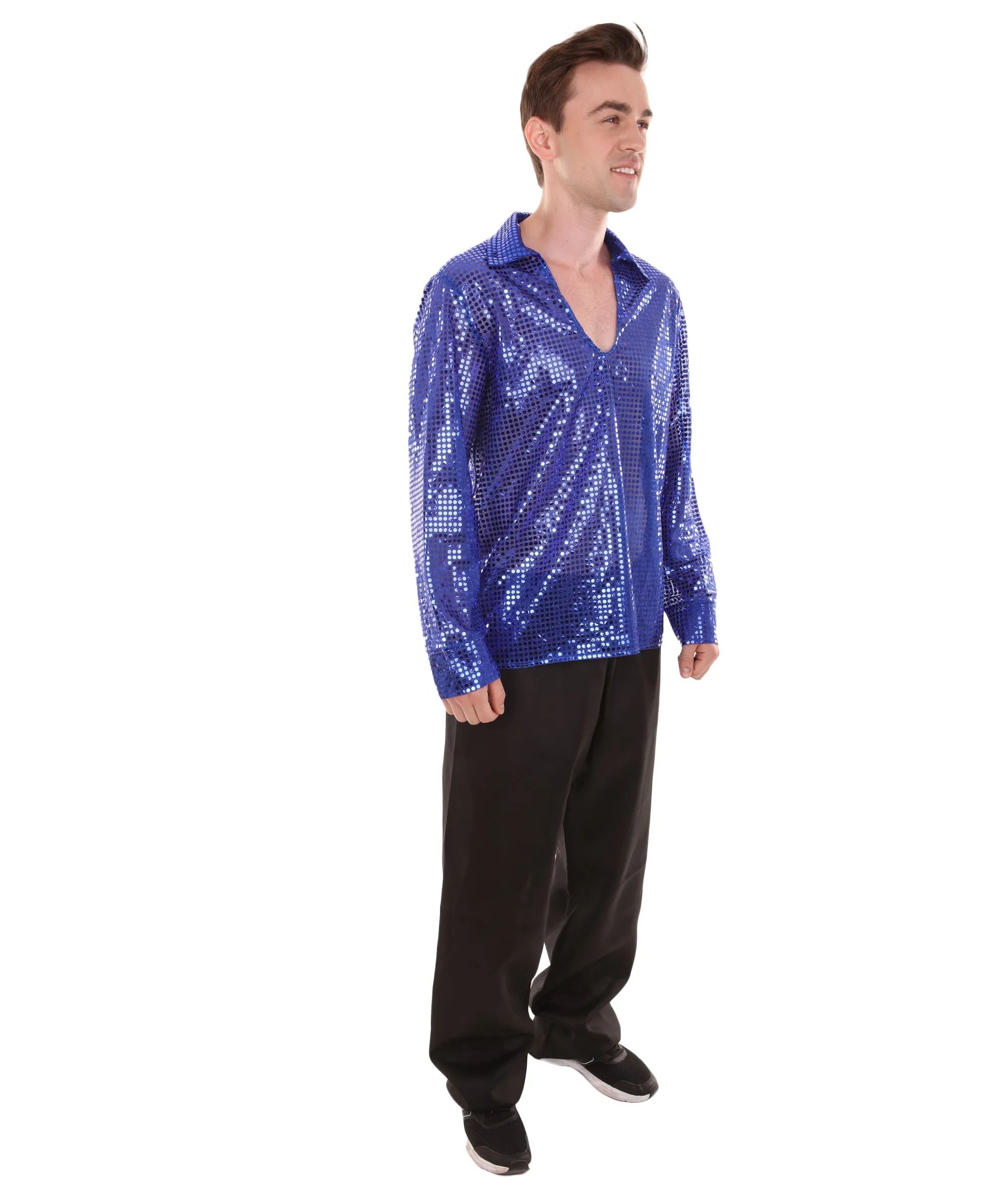 Adult Men's 70's Disco Sequin Shirt Costume | Blue Vintage Cosplay Costume