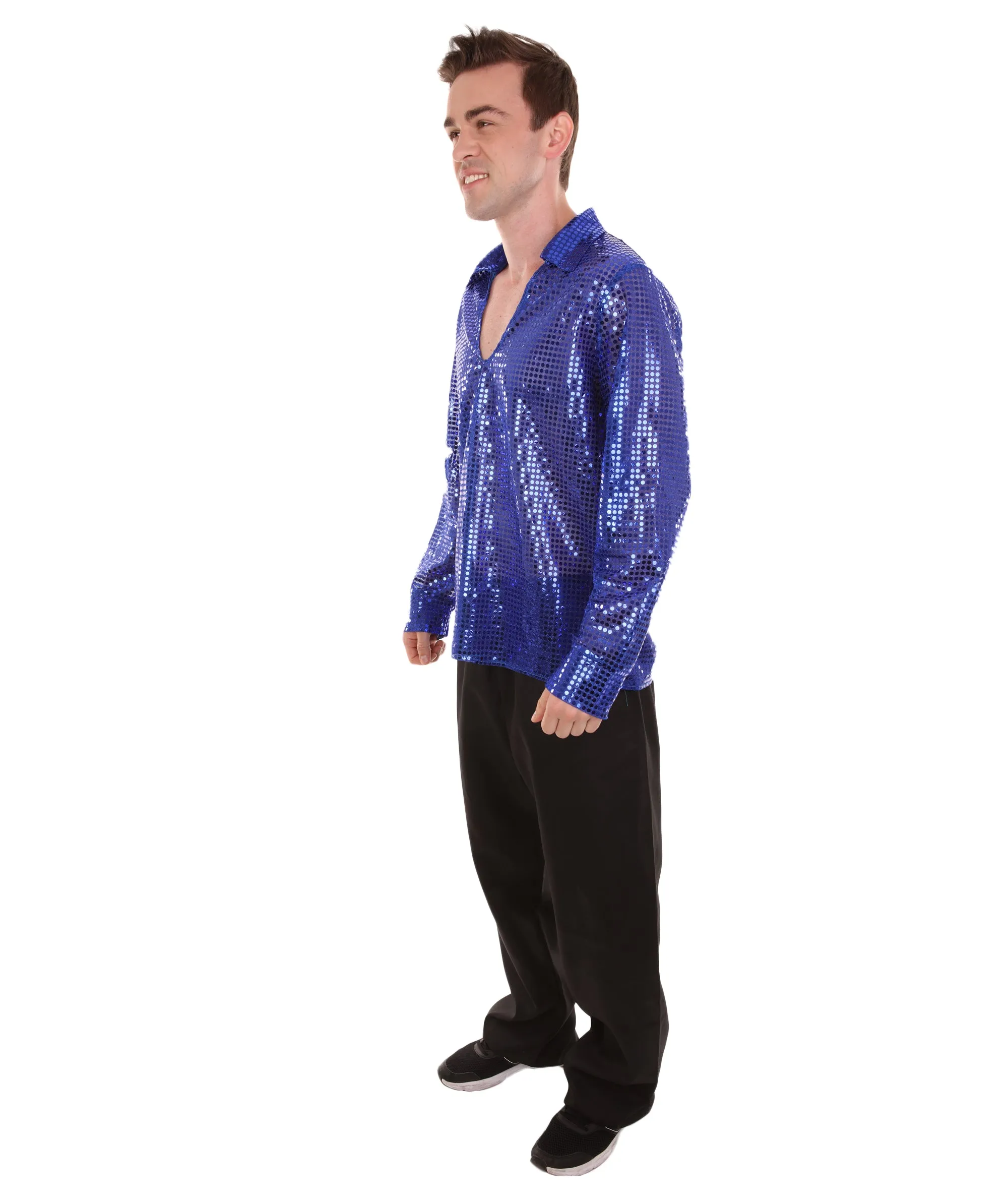 Adult Men's 70's Disco Sequin Shirt Costume | Blue Vintage Cosplay Costume