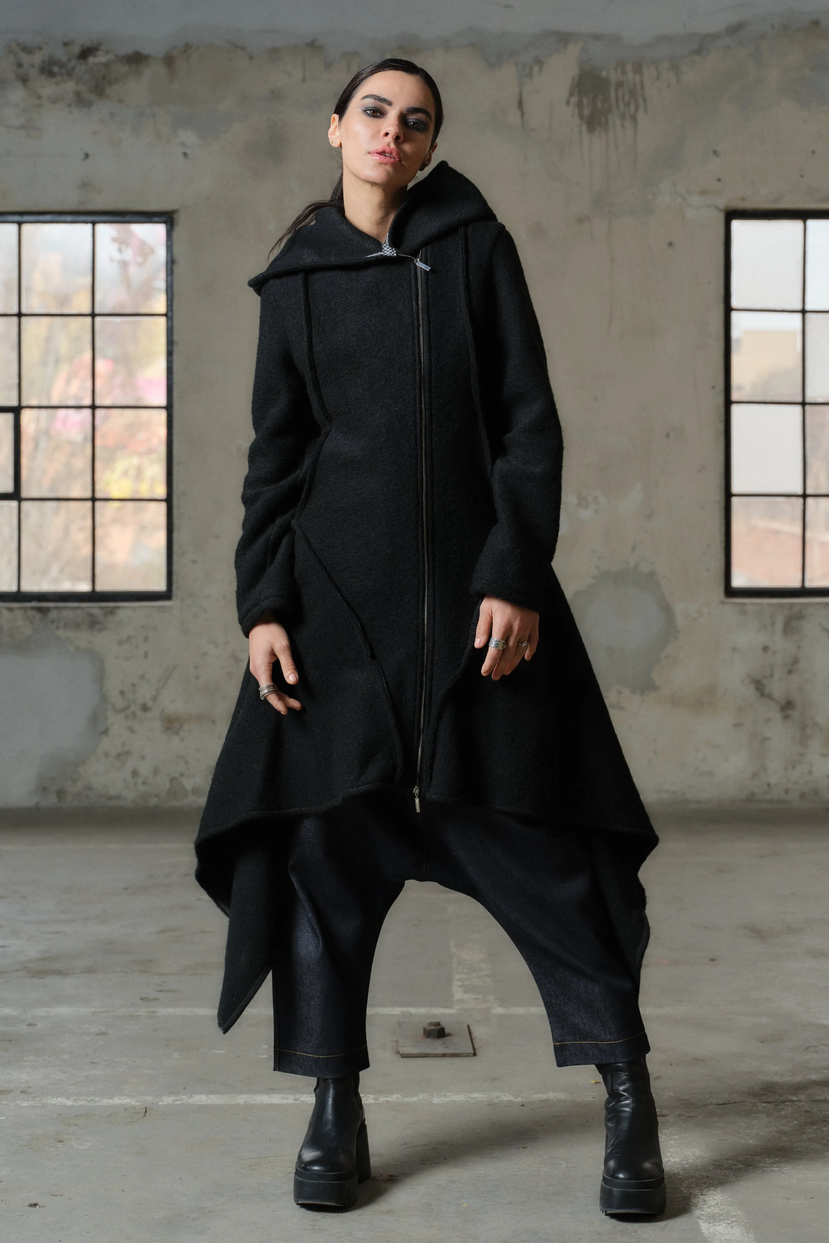 Asymmetrical long black wool coat for women