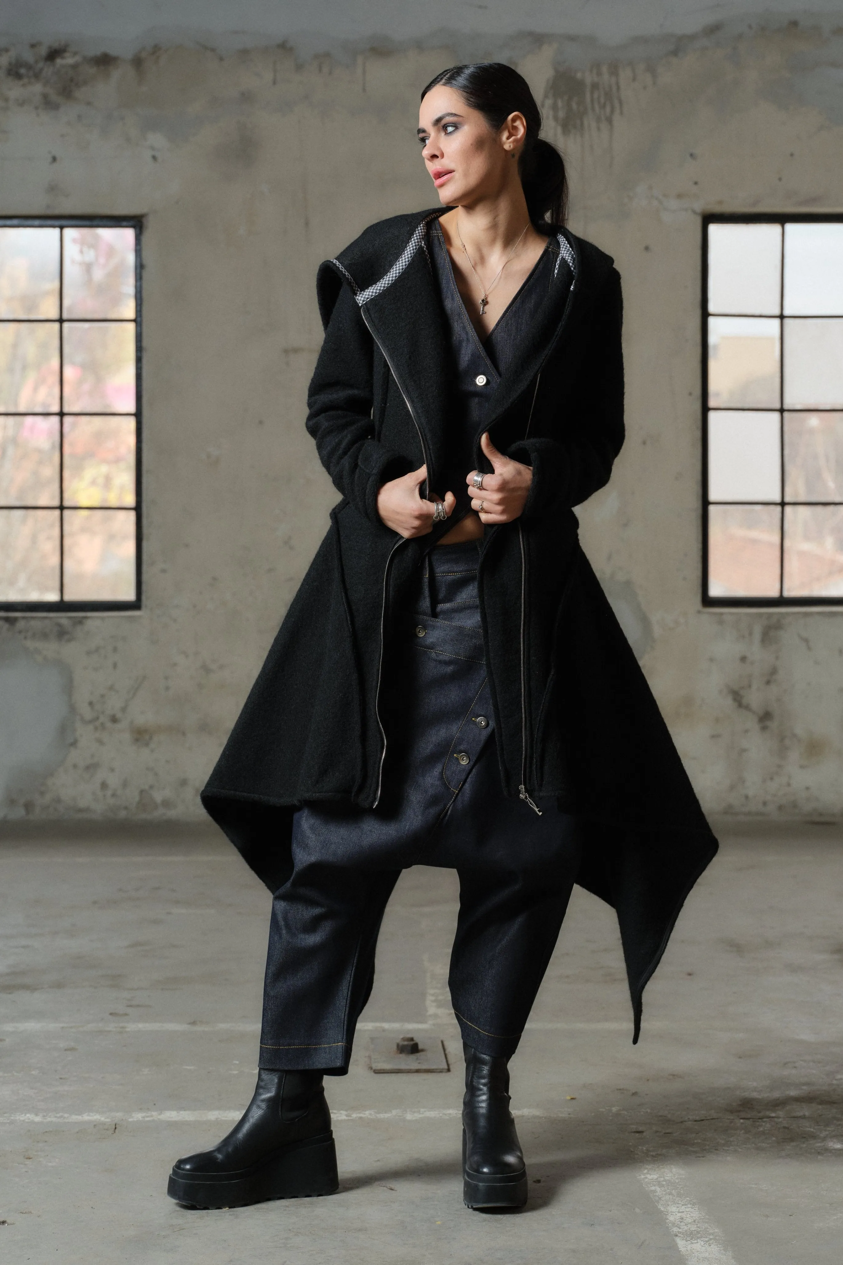 Asymmetrical long black wool coat for women