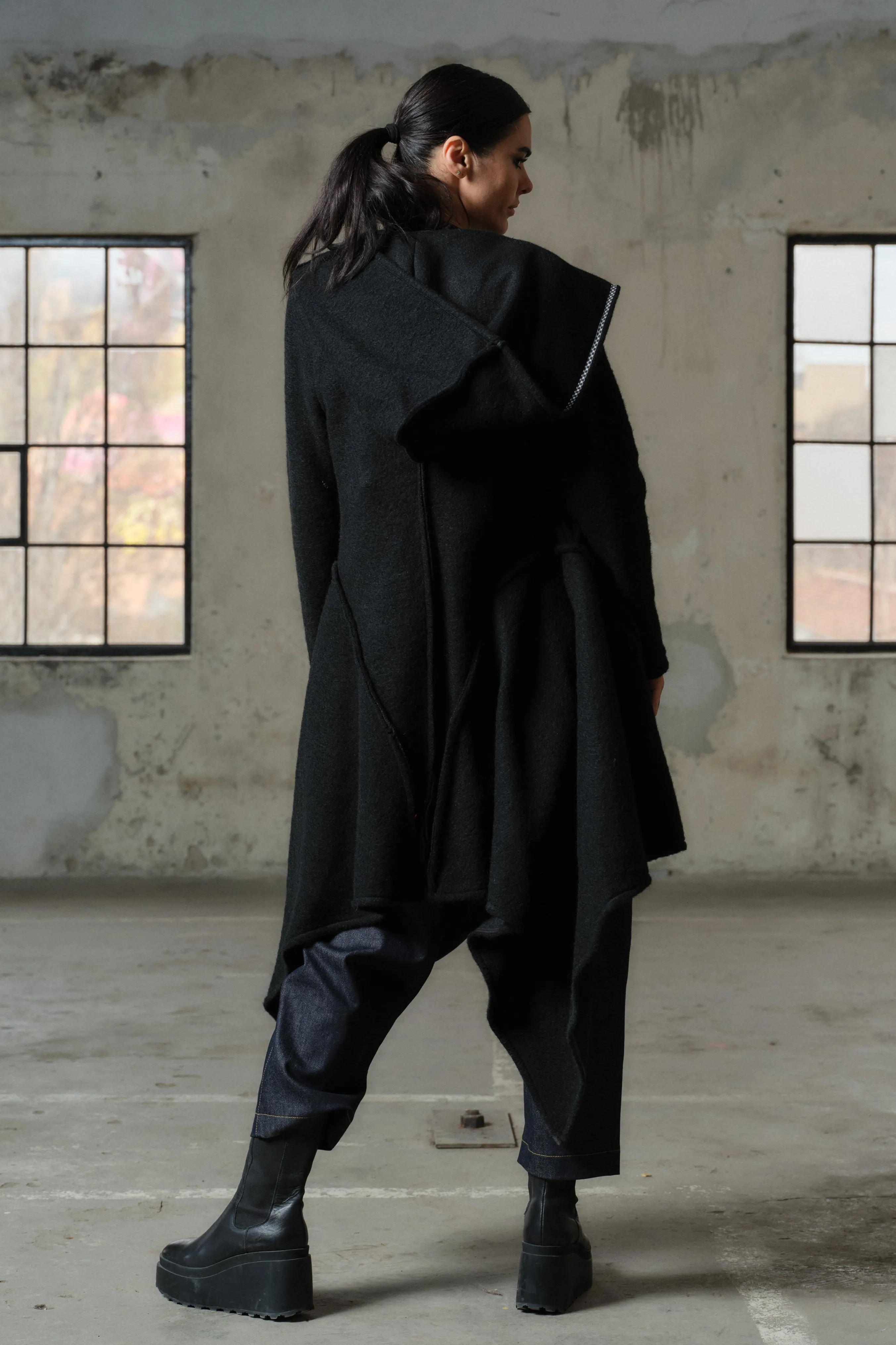 Asymmetrical long black wool coat for women