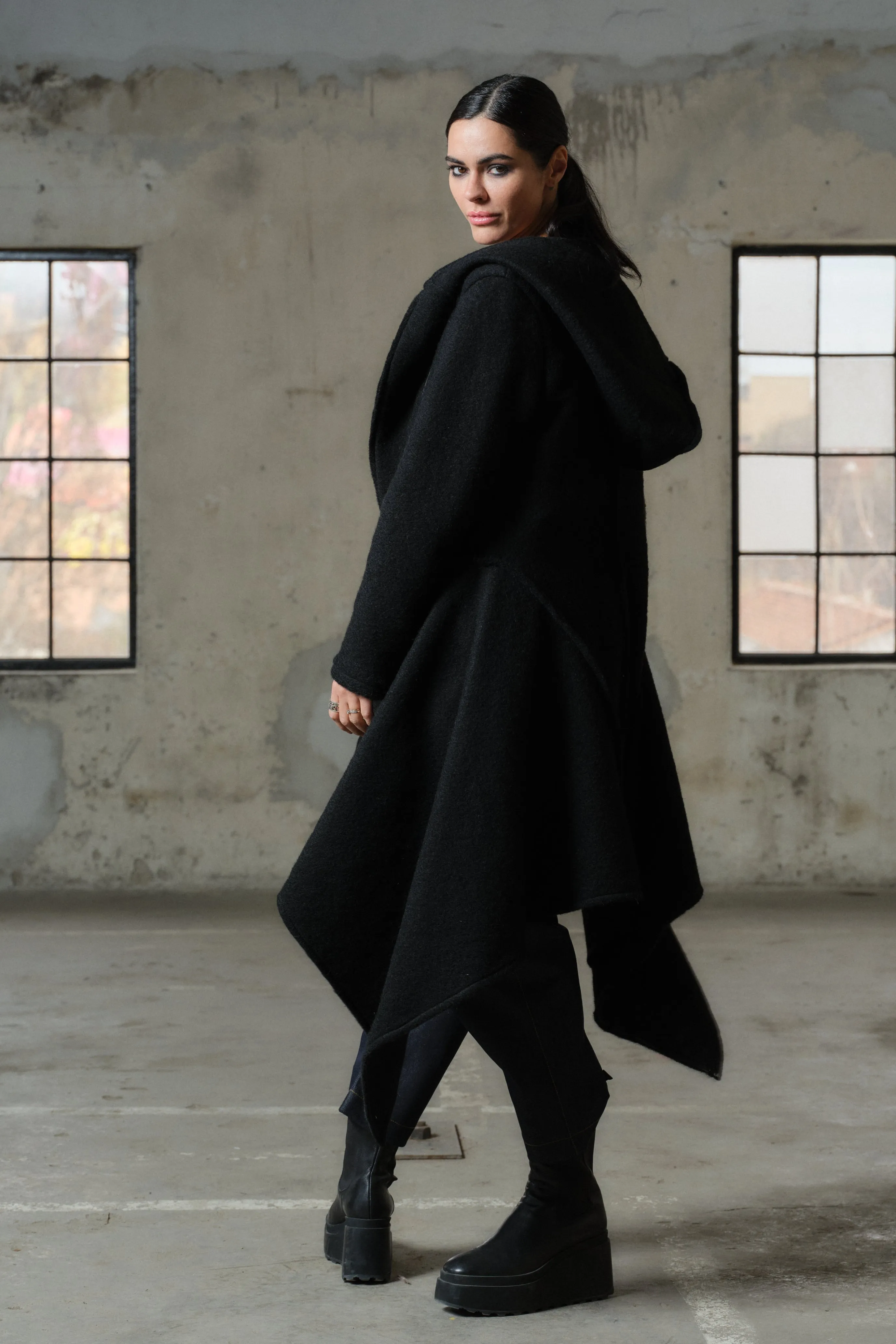 Asymmetrical long black wool coat for women