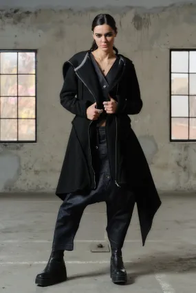 Asymmetrical long black wool coat for women