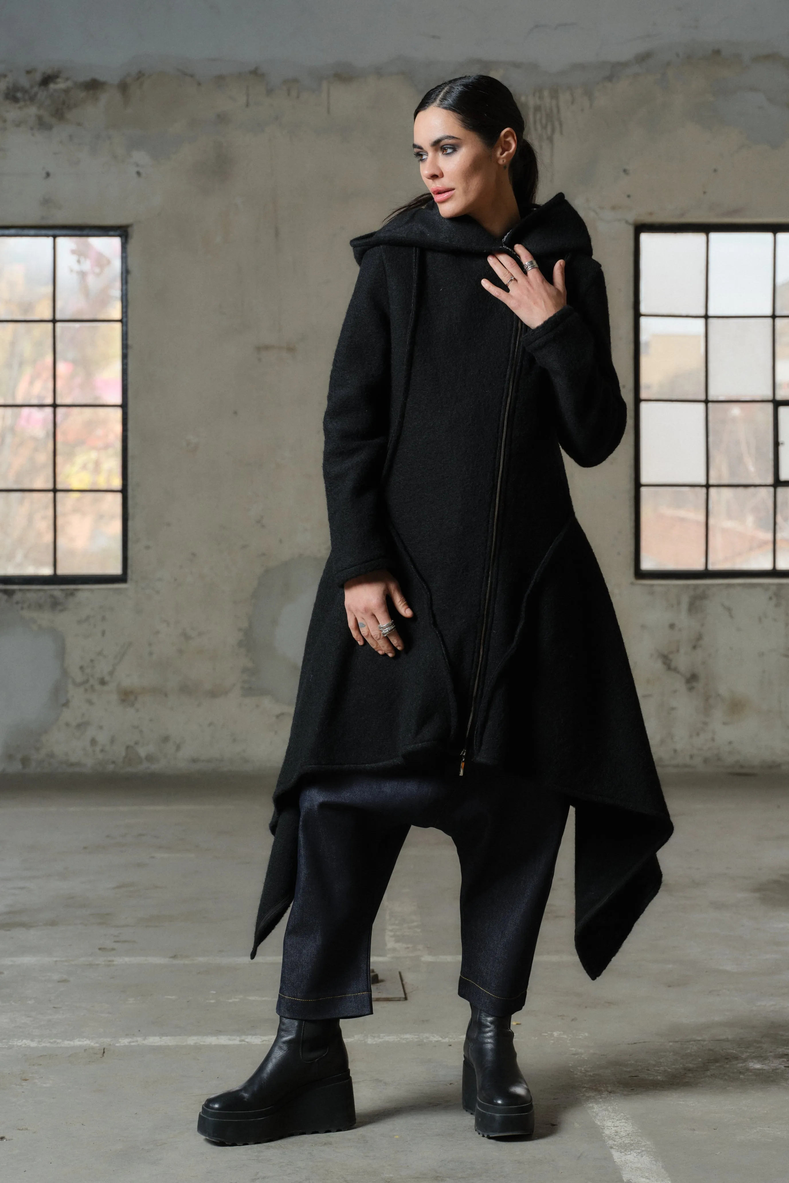 Asymmetrical long black wool coat for women
