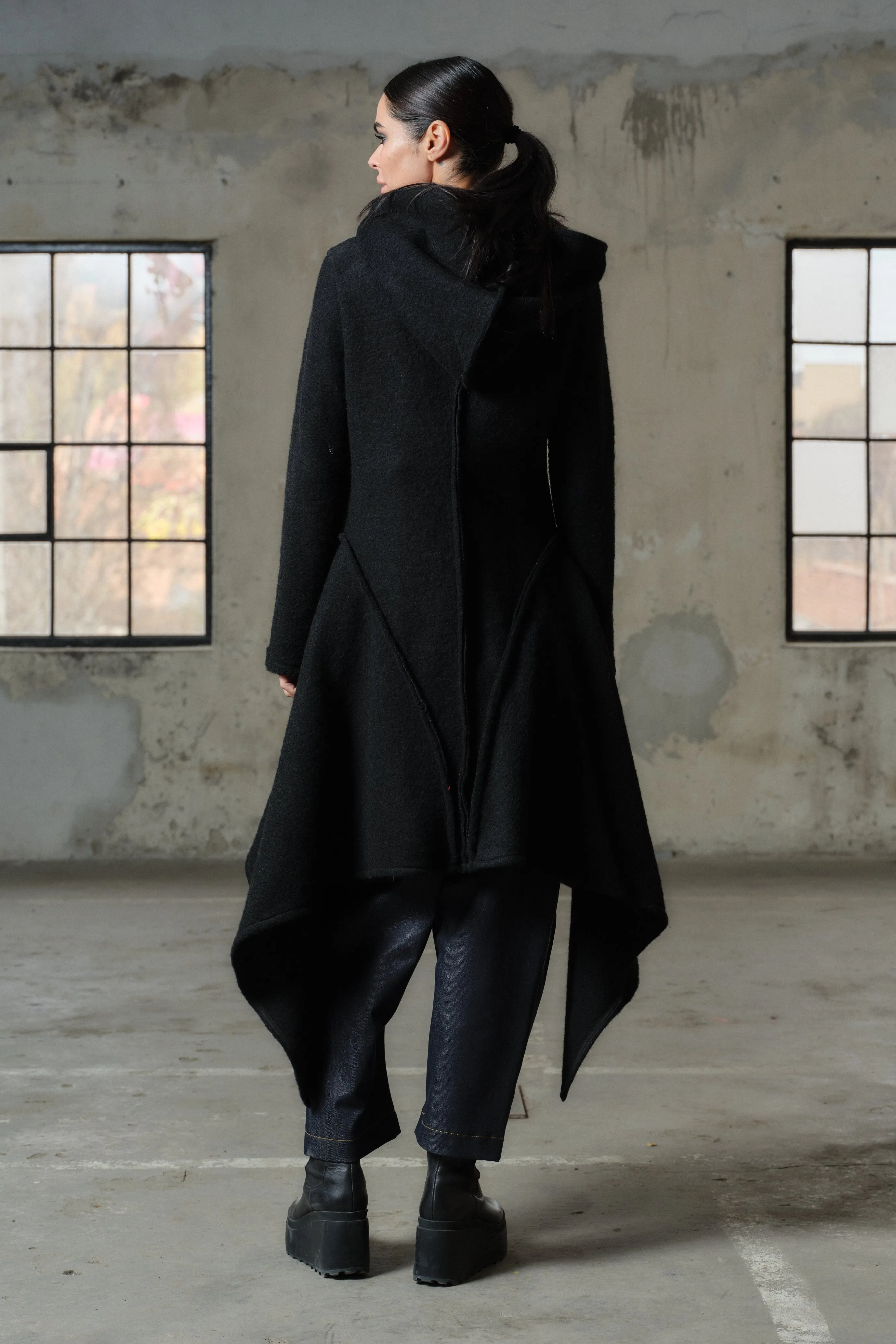 Asymmetrical long black wool coat for women