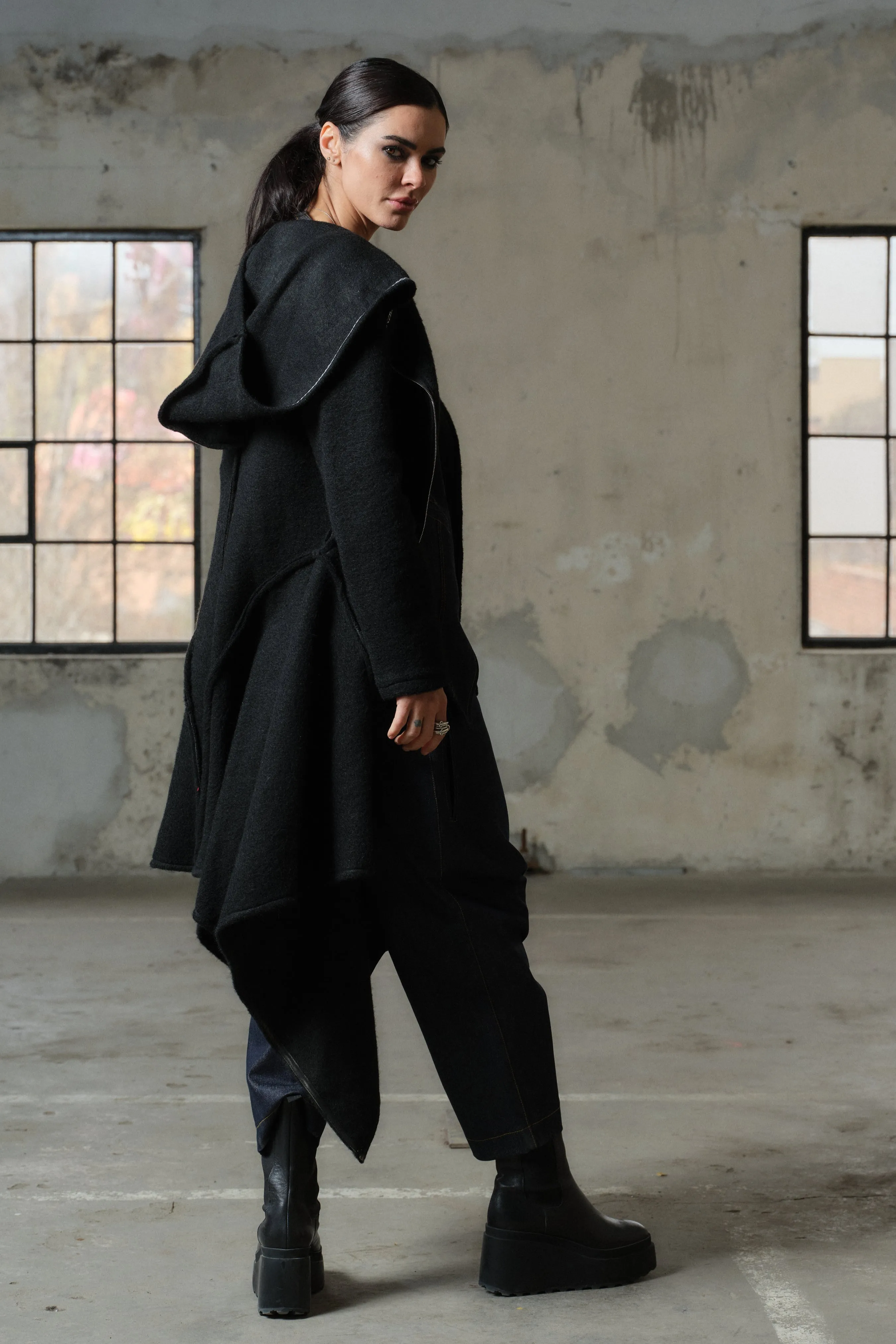 Asymmetrical long black wool coat for women