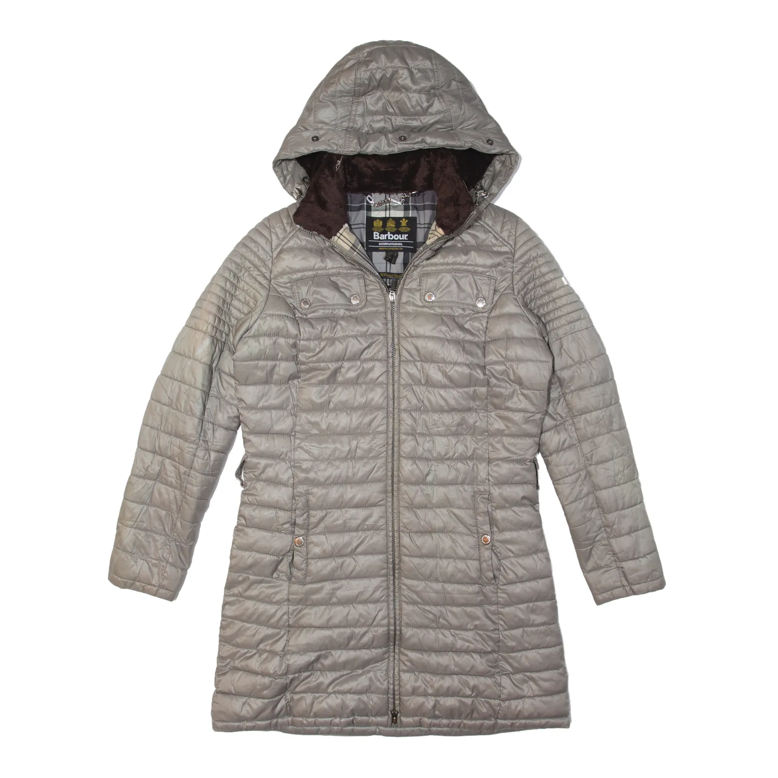 BARBOUR International Endo Baffle Fibre Down Black Streak Quilted Coat Grey Womens UK 10
