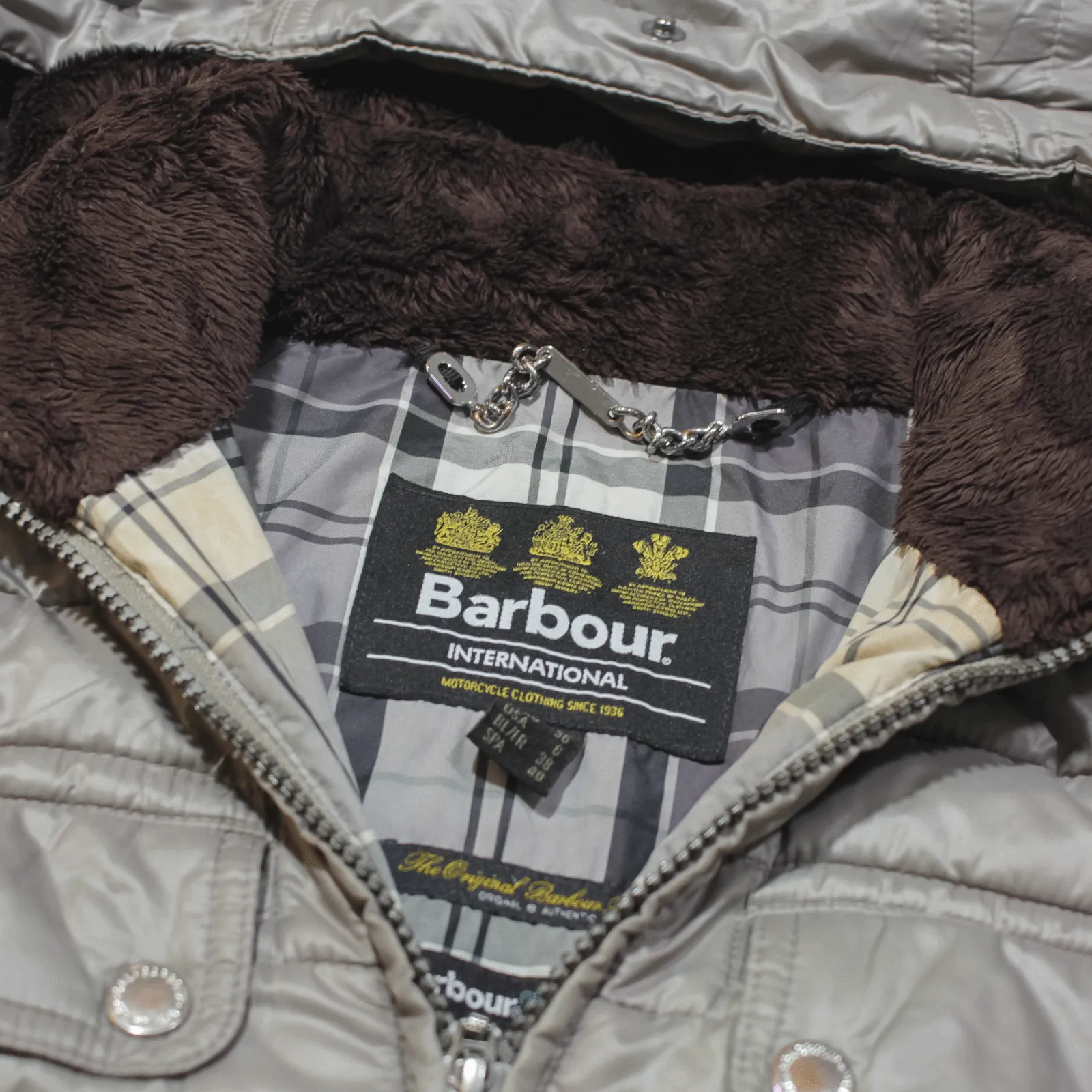 BARBOUR International Endo Baffle Fibre Down Black Streak Quilted Coat Grey Womens UK 10