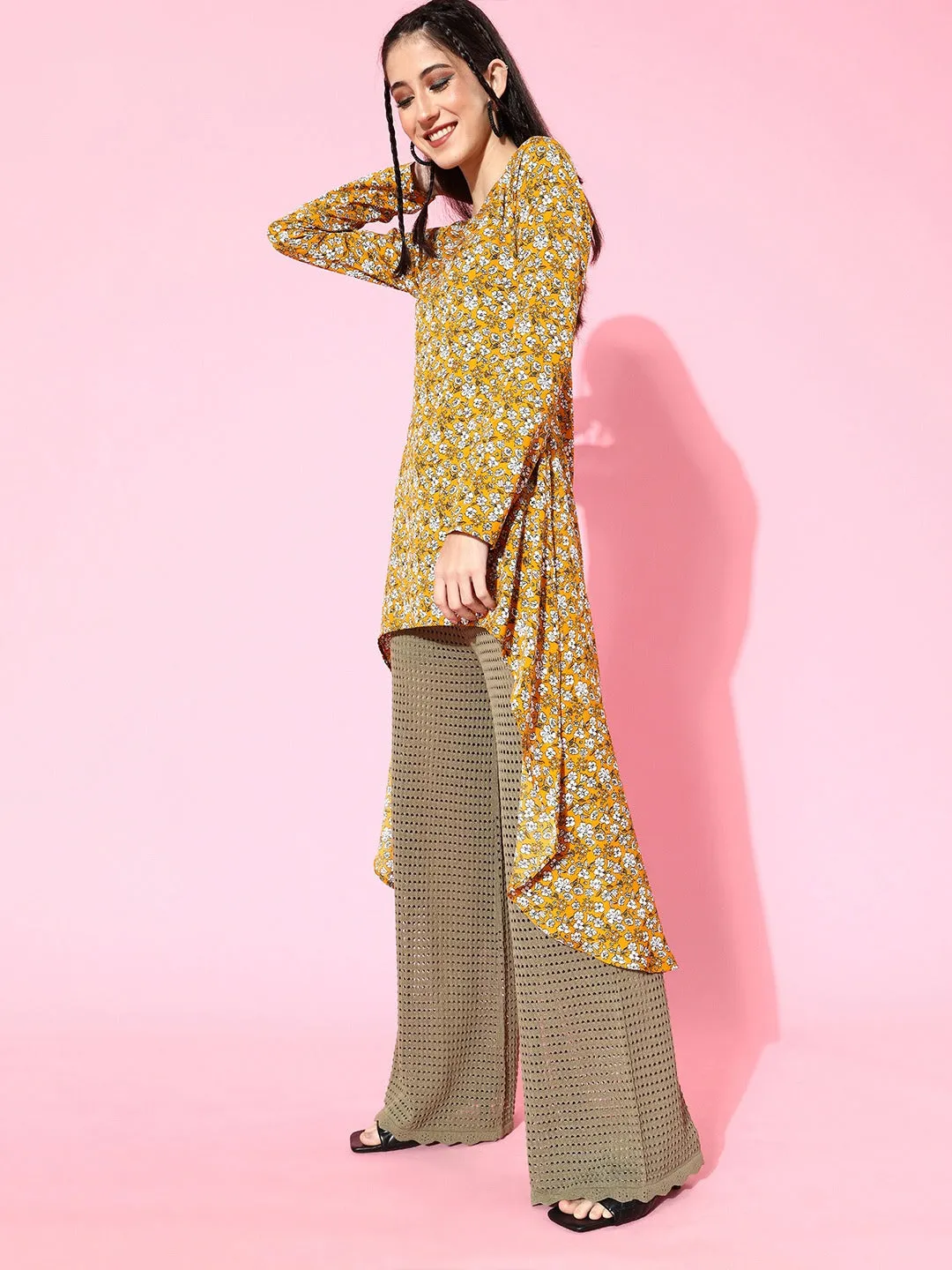 Berrylush Women Mustard Yellow Floral Printed High-Low Longline Top