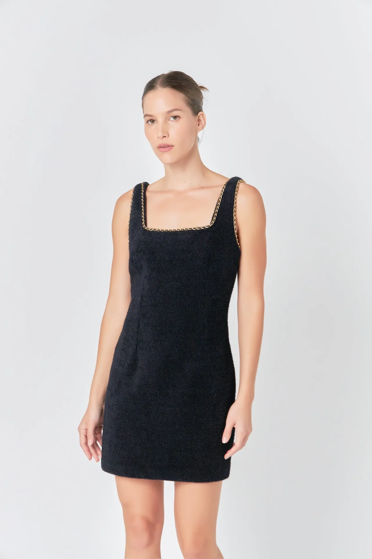 Chain Trimmed Square Neckline Mini Dress