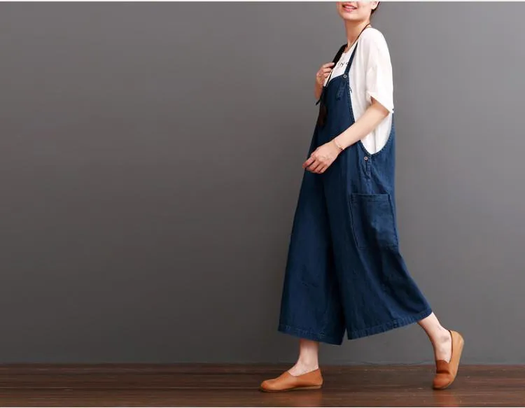 Cowboy Blue Causel Loose Overalls Big Pocket Trousers Women Clothes