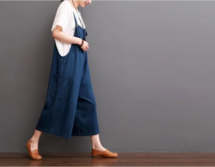 Cowboy Blue Causel Loose Overalls Big Pocket Trousers Women Clothes