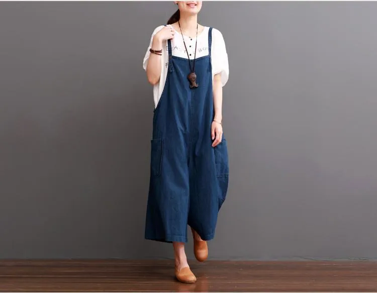 Cowboy Blue Causel Loose Overalls Big Pocket Trousers Women Clothes