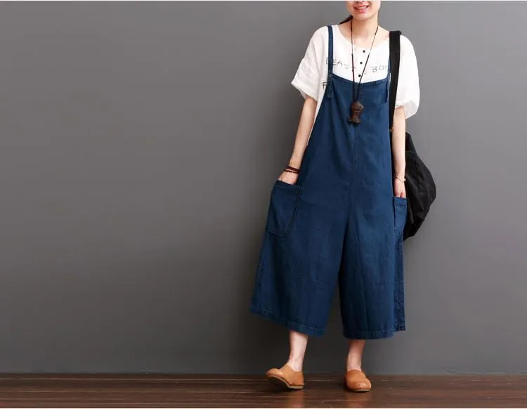 Cowboy Blue Causel Loose Overalls Big Pocket Trousers Women Clothes