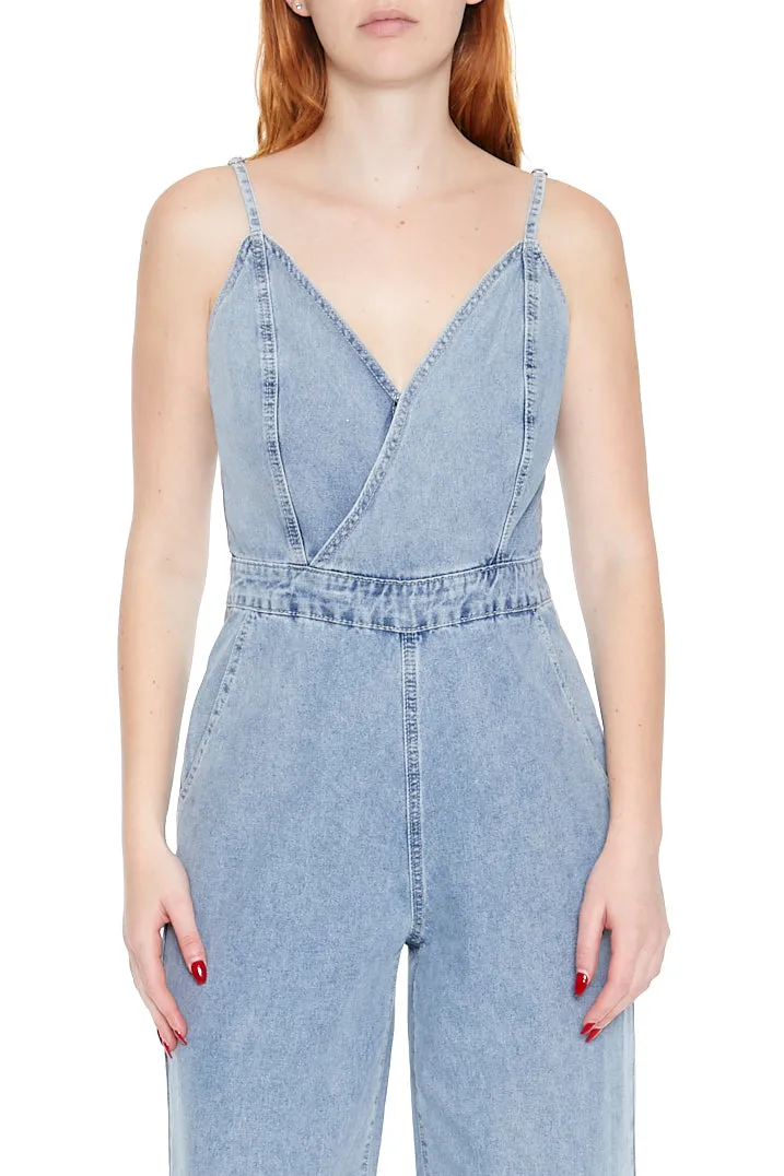 Denim Surplice Wide Leg Jumpsuit