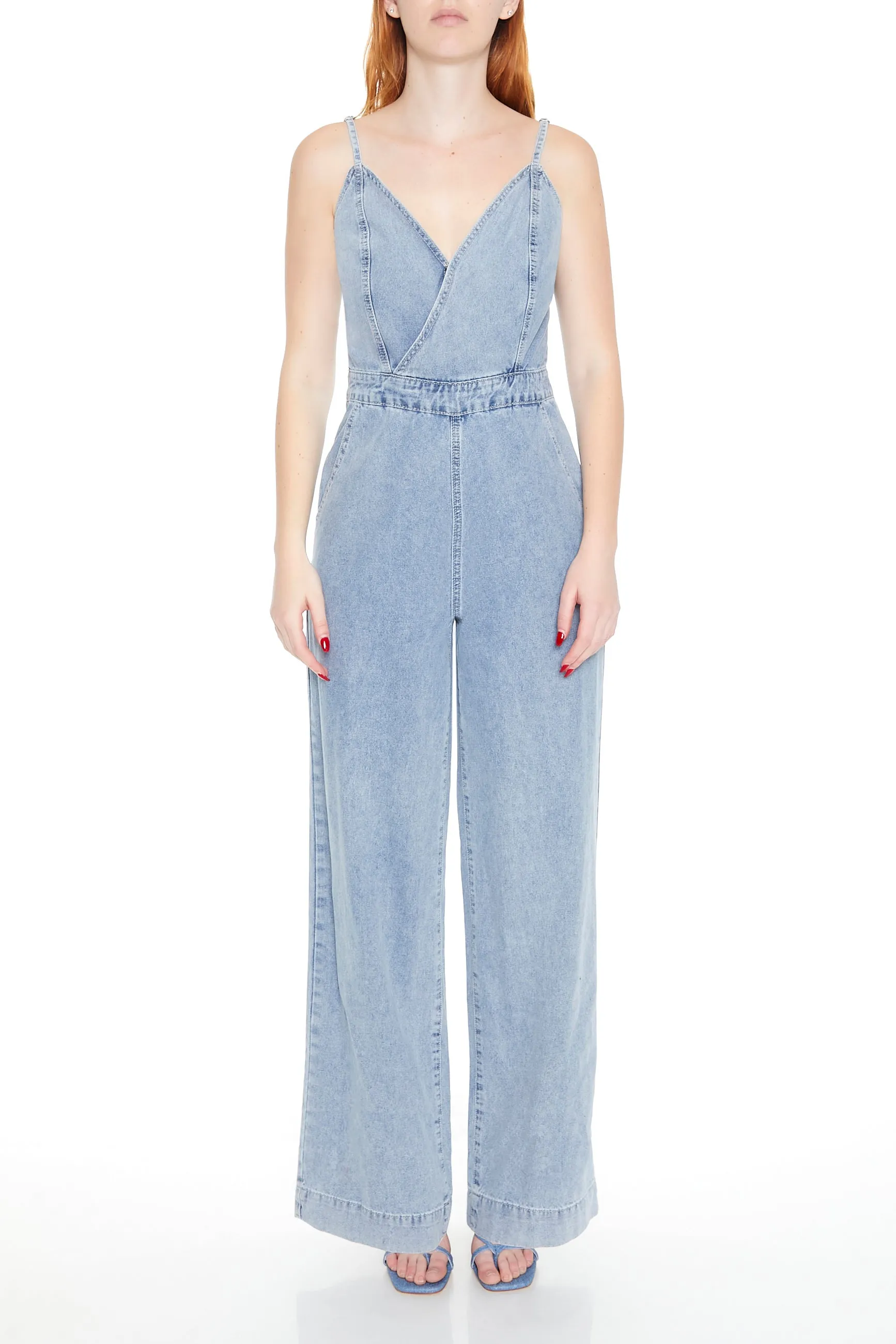 Denim Surplice Wide Leg Jumpsuit