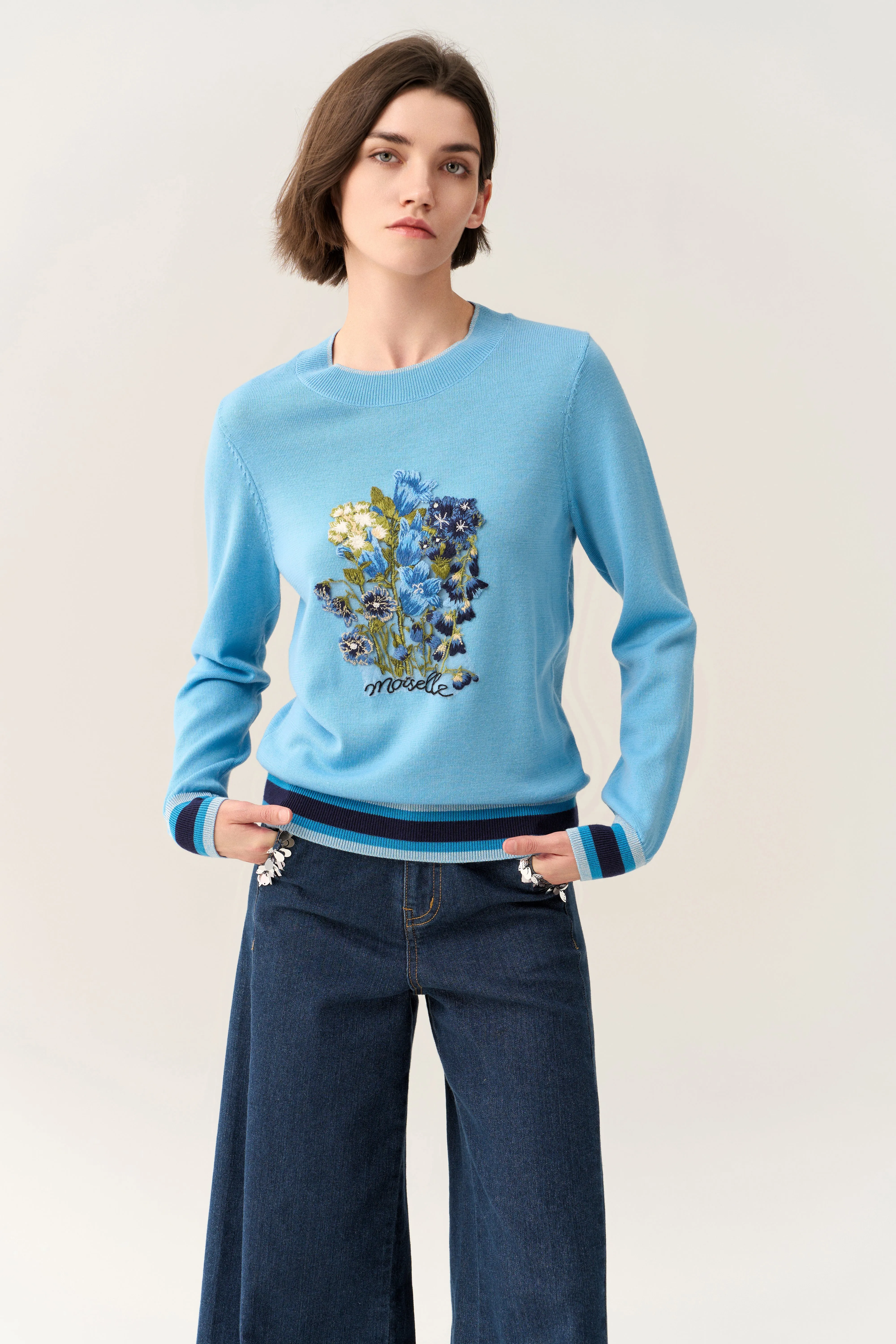 Floral-embroidery Knitted Pullover