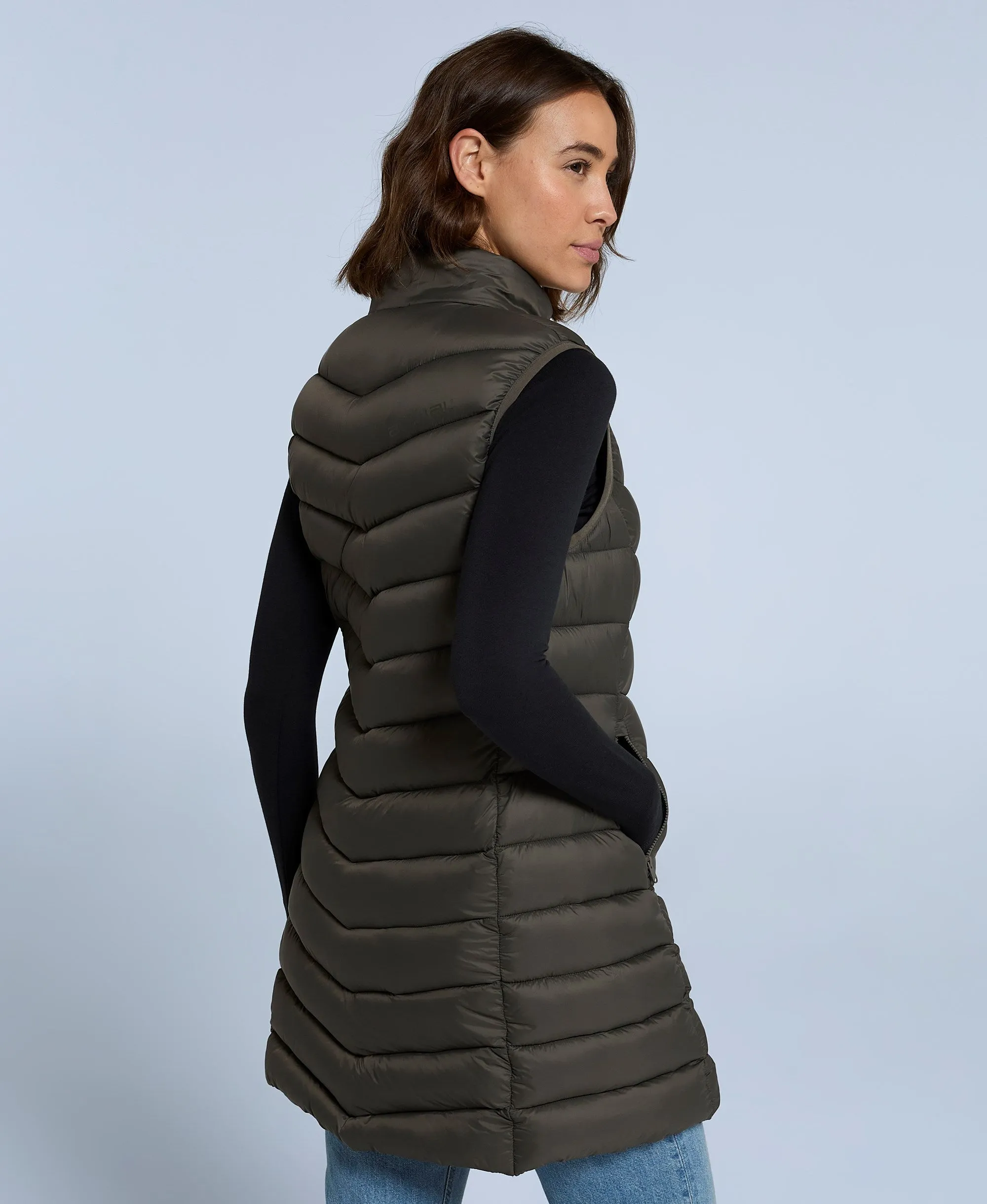 Frankie Womens Padded Longline Gilet - Dark Khaki
