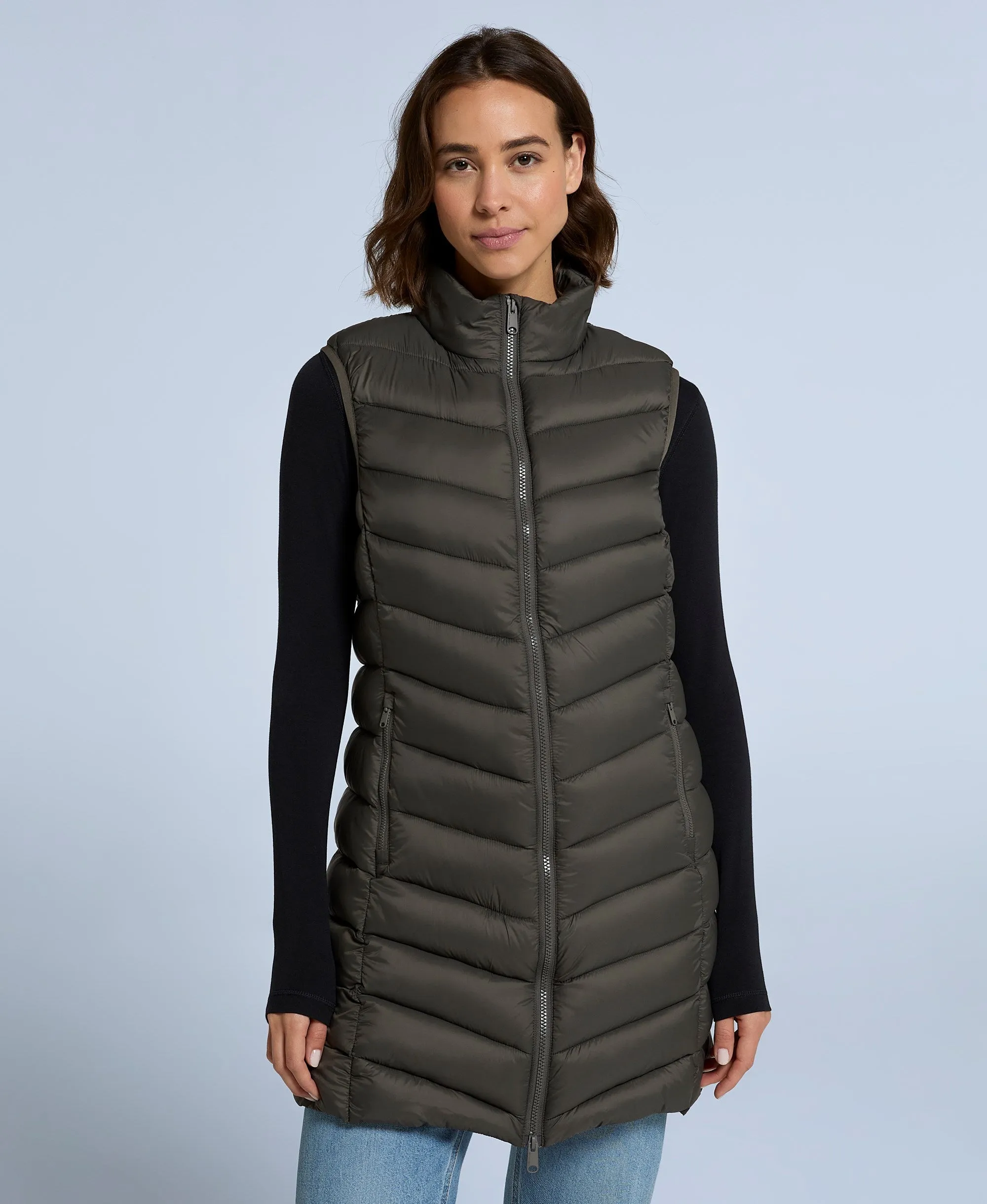 Frankie Womens Padded Longline Gilet - Dark Khaki