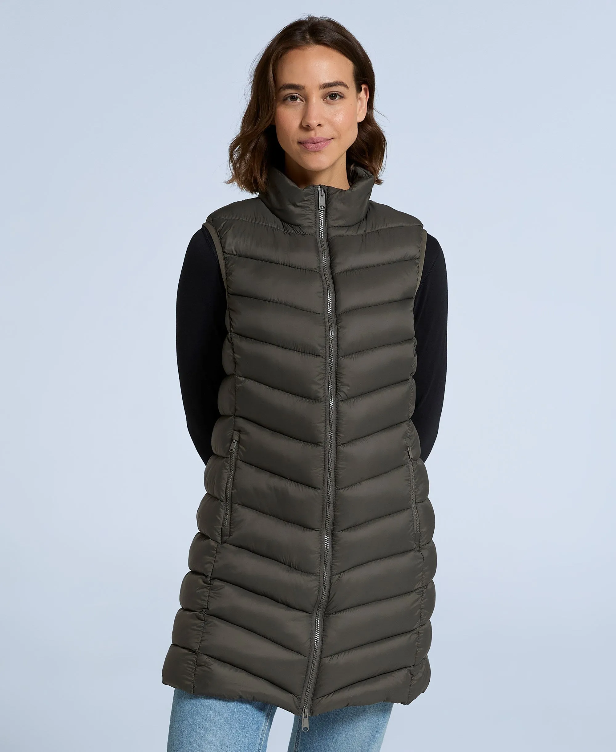 Frankie Womens Padded Longline Gilet - Dark Khaki