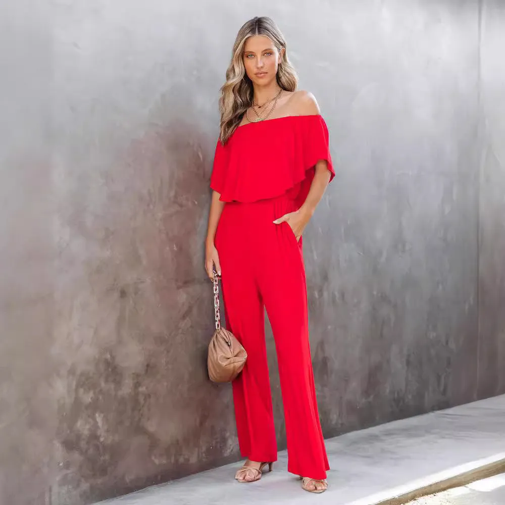 Hnzxzm black fur boots outfit 2024 Autumn and Winter Women's Clothing off-Shoulder Fashion Elegant Casual Wide-Leg Jumpsuit Women