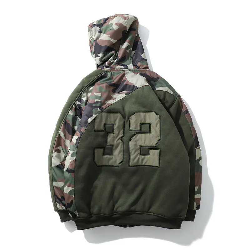 Mens Fall Outfits Vintage Camouflage Letters Affixed Cloth Embroidered Baseball Jacket High Street Hooded Quilted Warm Coat
