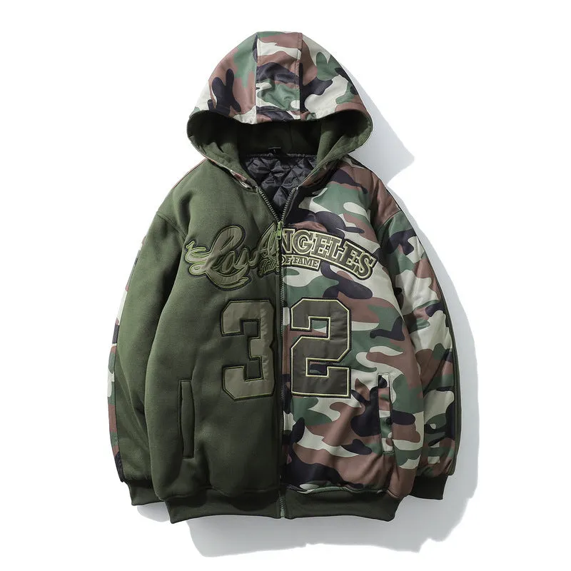 Mens Fall Outfits Vintage Camouflage Letters Affixed Cloth Embroidered Baseball Jacket High Street Hooded Quilted Warm Coat
