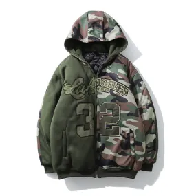 Mens Fall Outfits Vintage Camouflage Letters Affixed Cloth Embroidered Baseball Jacket High Street Hooded Quilted Warm Coat