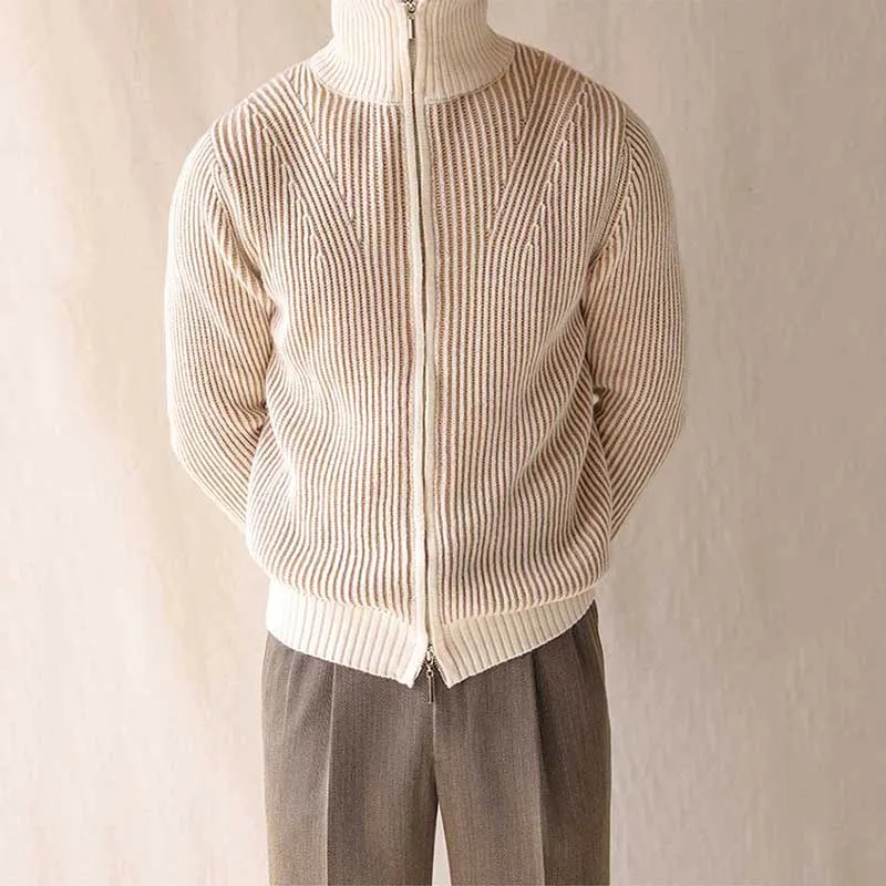 Mens Thickened Solid Color Warm Zipper Sweater