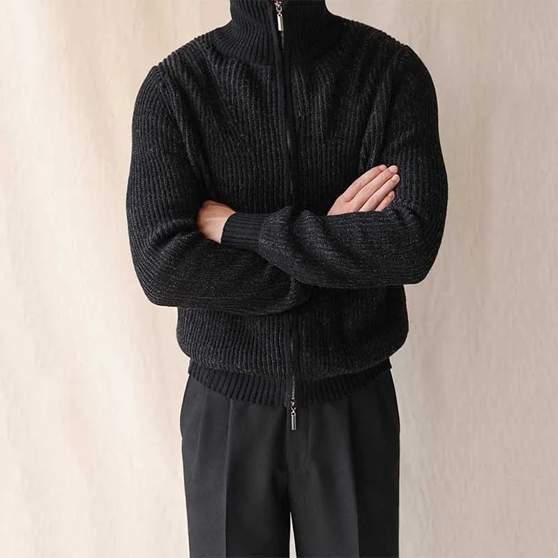 Mens Thickened Solid Color Warm Zipper Sweater
