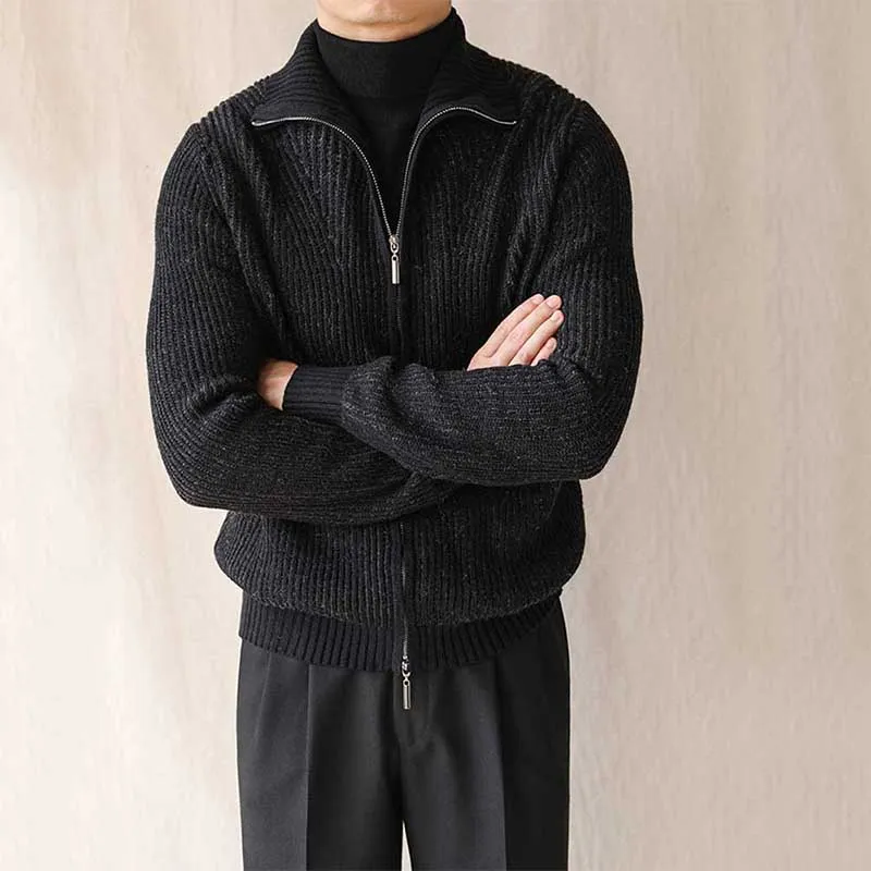 Mens Thickened Solid Color Warm Zipper Sweater