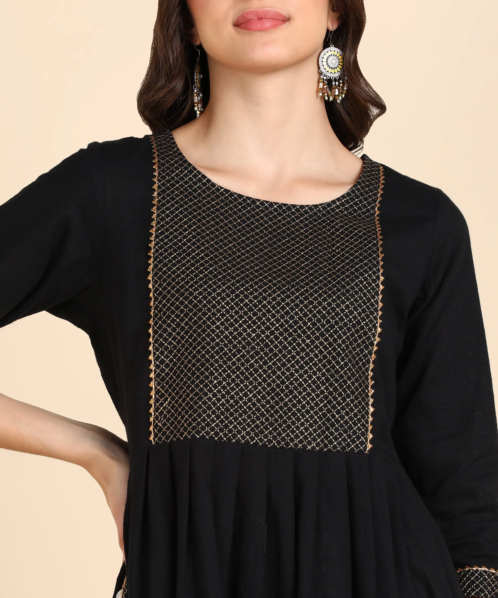 Pure Cotton Zari Quilted Nyra cut Kurta - Black