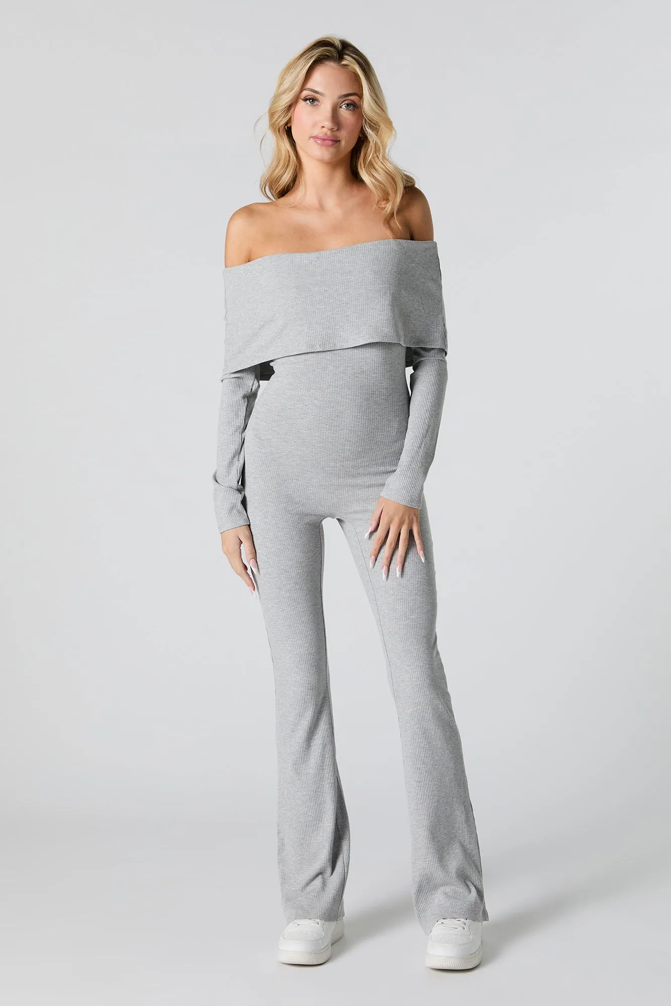 Ribbed Off Shoulder Long Sleeve Jumpsuit