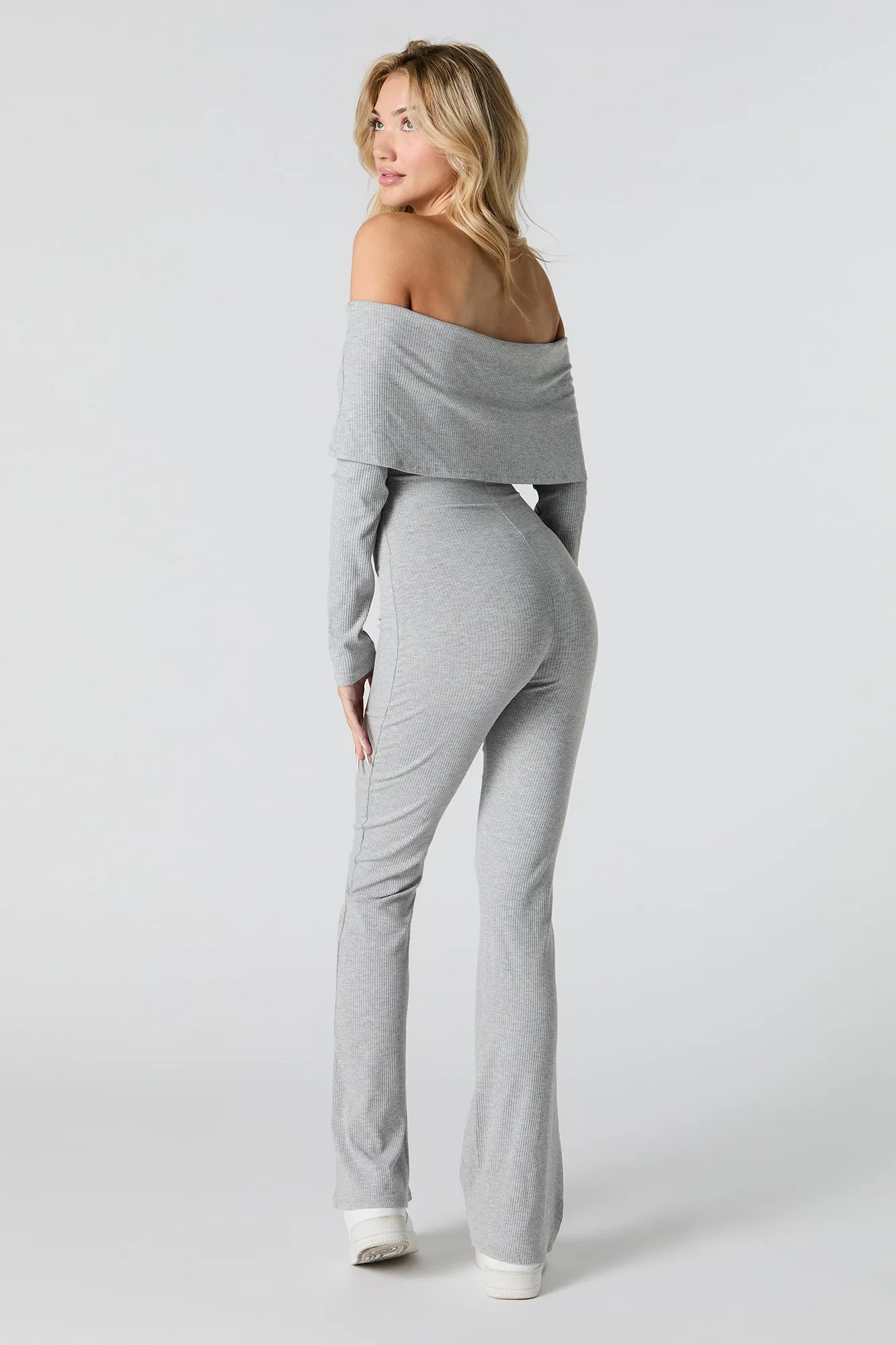 Ribbed Off Shoulder Long Sleeve Jumpsuit