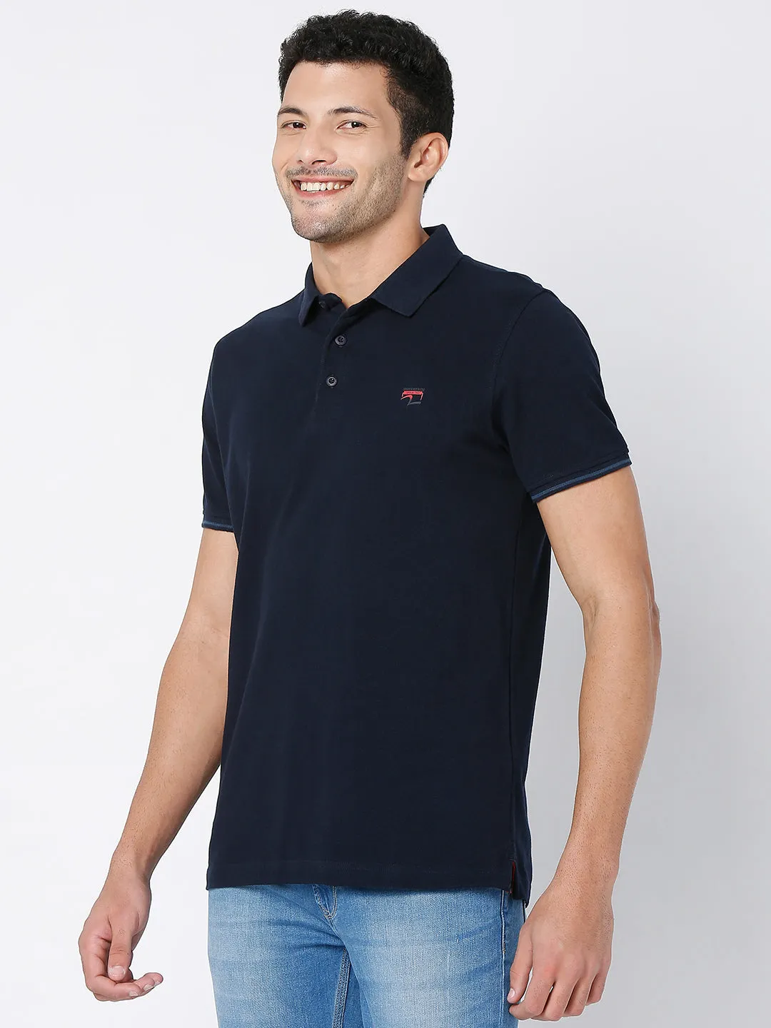 Spykar Men Navy Blue Cotton Half Sleeve Plain Casual Polo Tshirt
