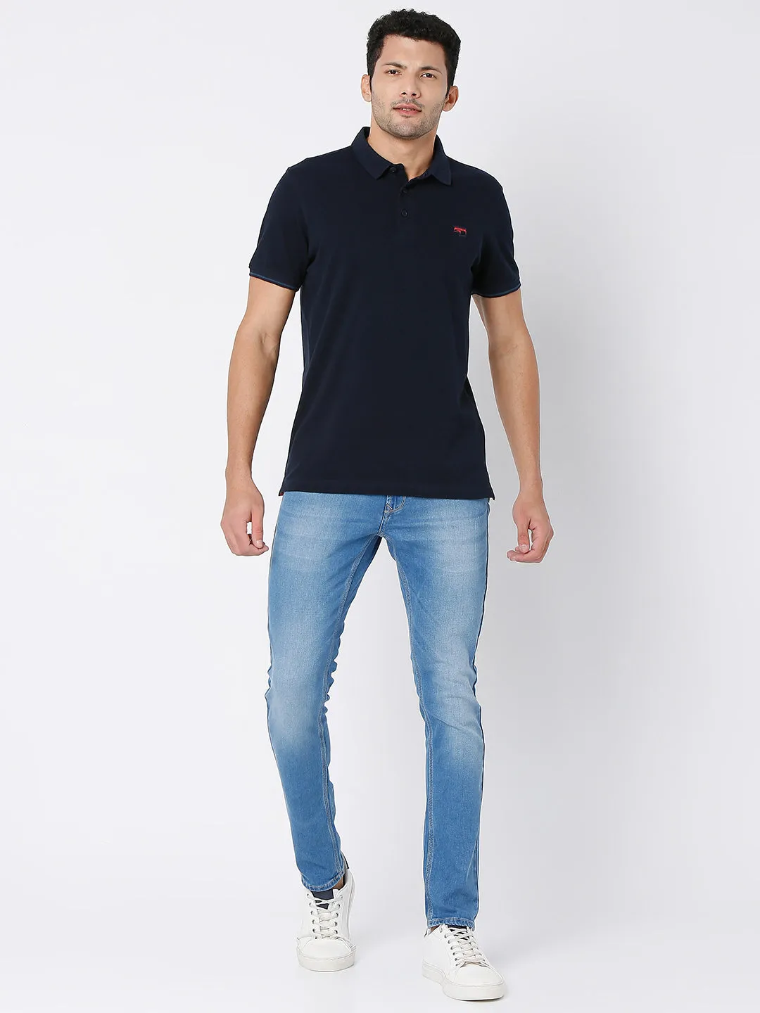 Spykar Men Navy Blue Cotton Half Sleeve Plain Casual Polo Tshirt