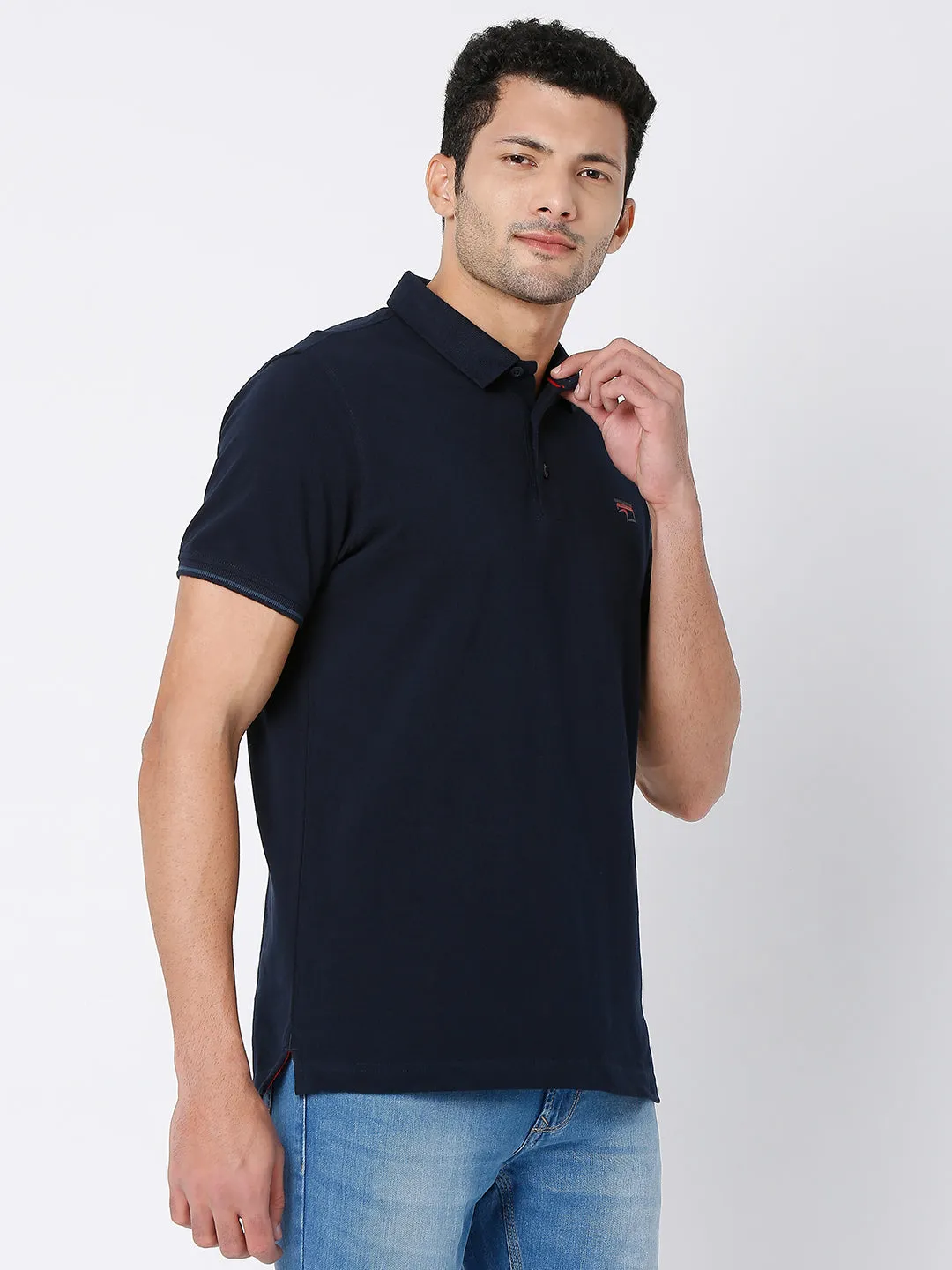 Spykar Men Navy Blue Cotton Half Sleeve Plain Casual Polo Tshirt