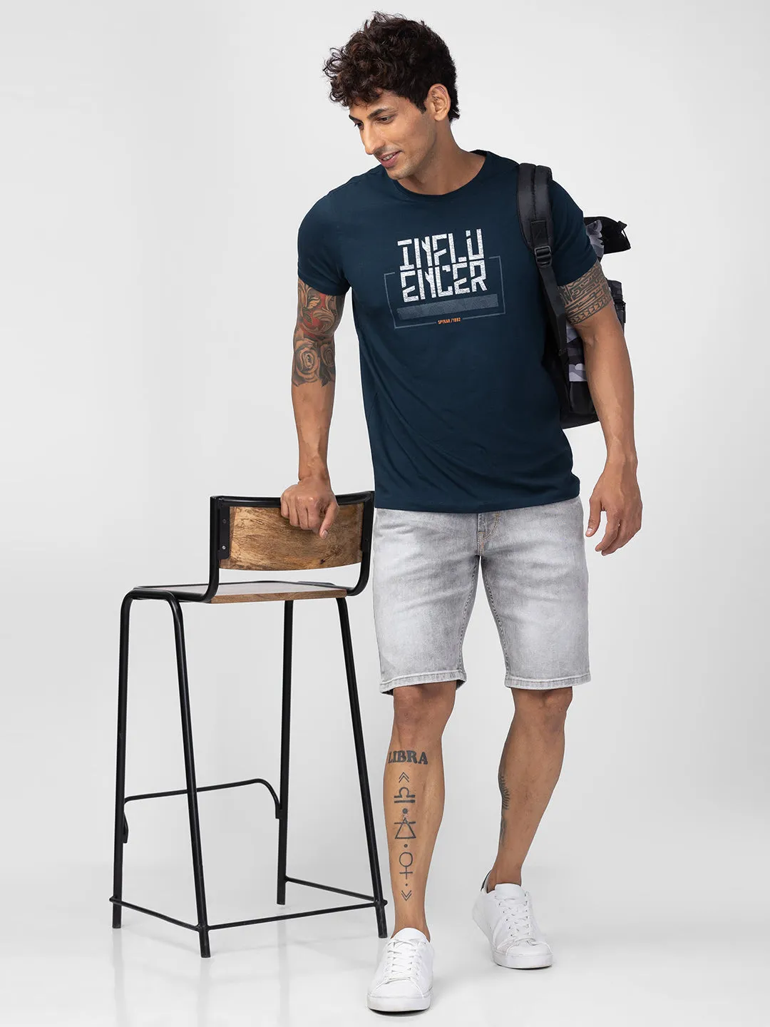 Spykar Men Teal Blue Cotton Regular Fit Half Sleeve Printed T-Shirt
