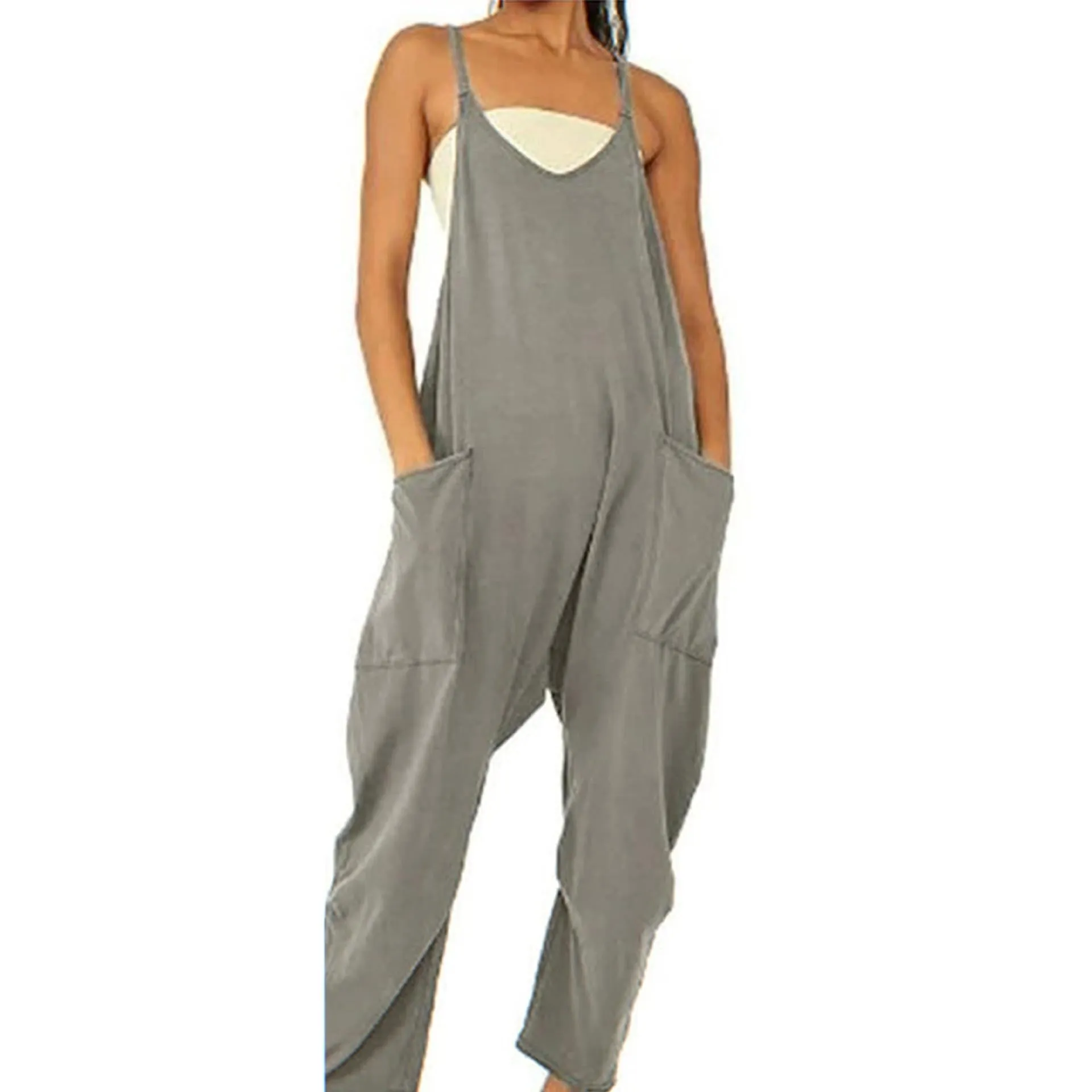 Summer Women's Loose Sleeveless Jumpsuits Spaghetti Strap Stretchy Long Pant Romper Jumpsuit With Pockets Zipper