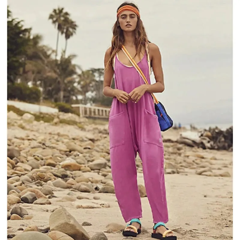 Summer Women's Loose Sleeveless Jumpsuits Spaghetti Strap Stretchy Long Pant Romper Jumpsuit With Pockets Zipper
