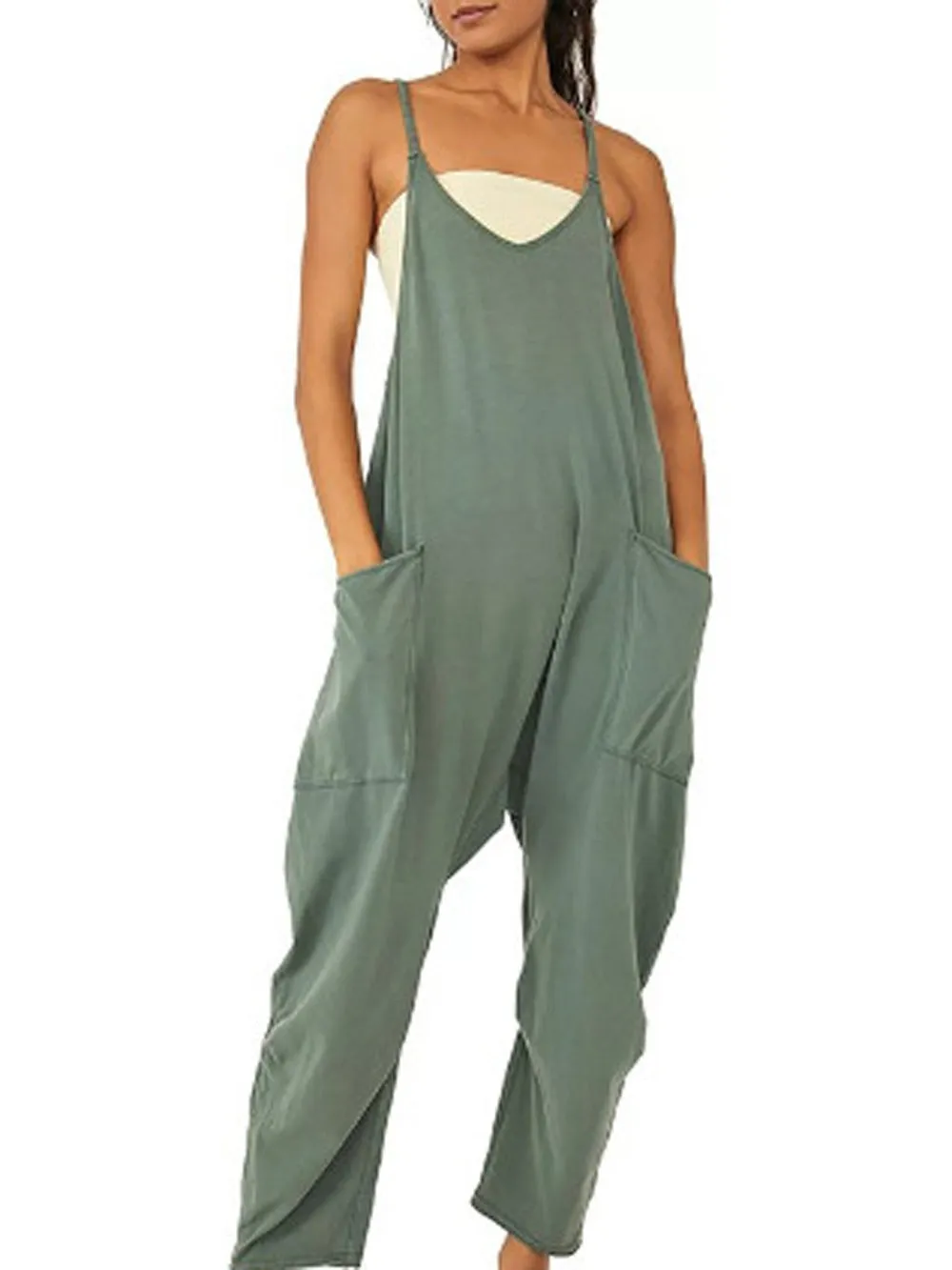Summer Women's Loose Sleeveless Jumpsuits Spaghetti Strap Stretchy Long Pant Romper Jumpsuit With Pockets Zipper