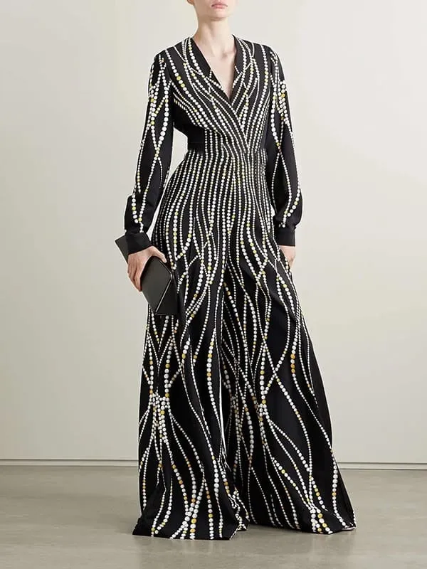 Women's Print V Neck Long Sleeve High Waist Wide Leg Overall Jumpsuit 133919