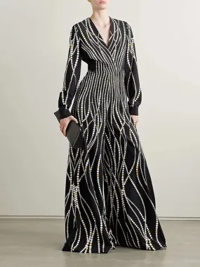 Women's Print V Neck Long Sleeve High Waist Wide Leg Overall Jumpsuit 133919